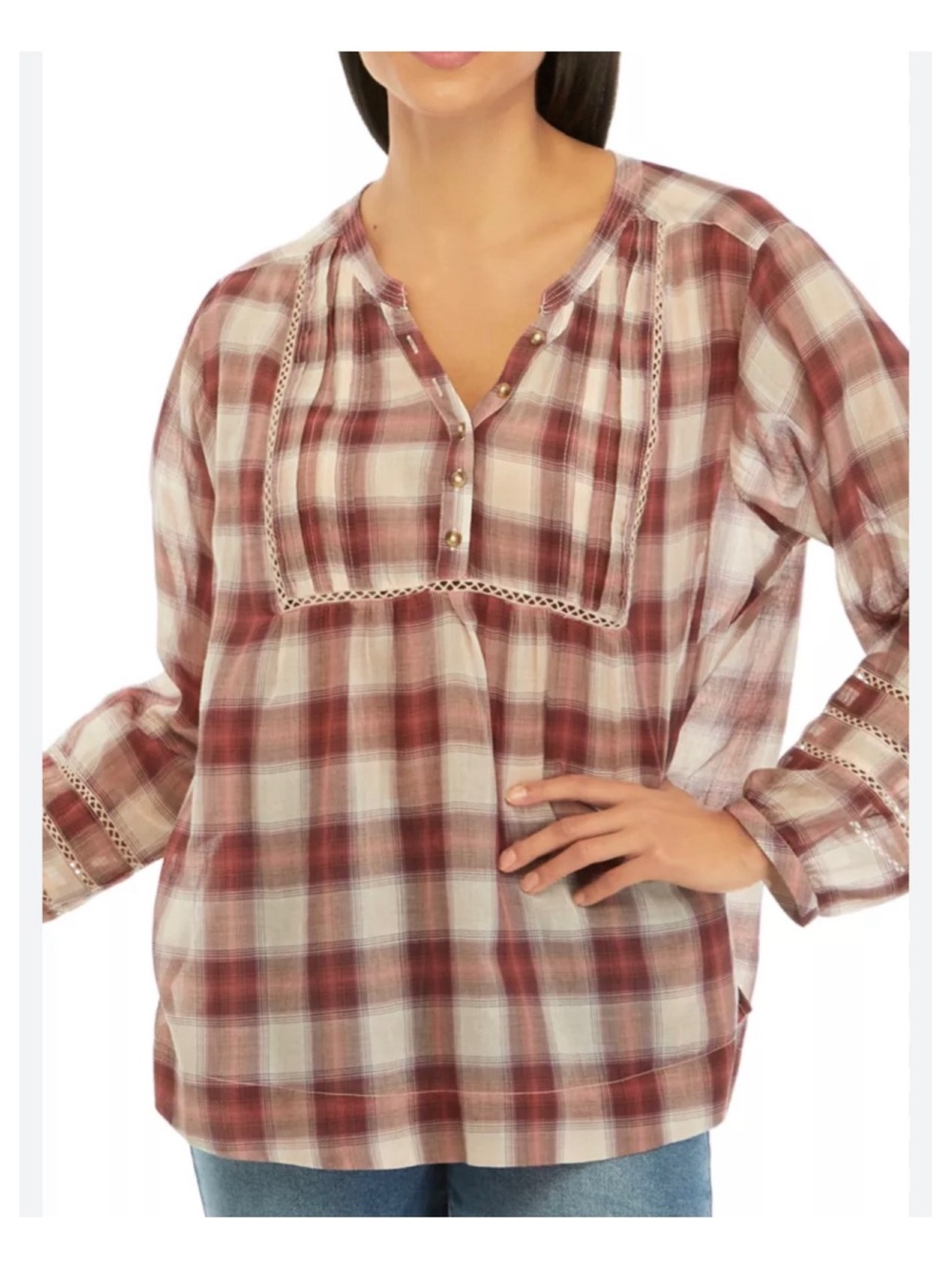 Lucky Brand Large Burgundy Pink Cream‎ Plaid Popover Pintuck Embroidered Blouse